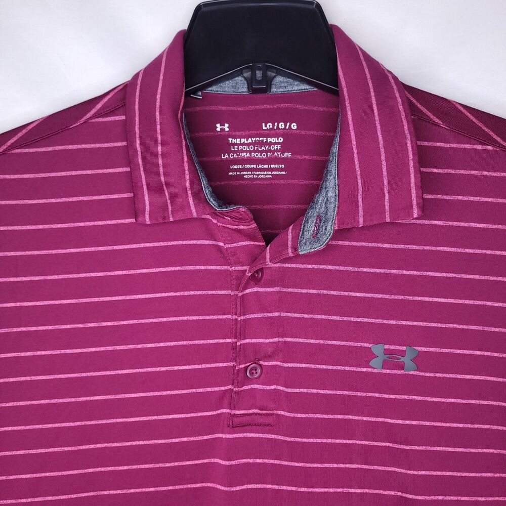 Under Armour Playoff Polo Shirt Mens Large Striped Burgundy Loose Fit